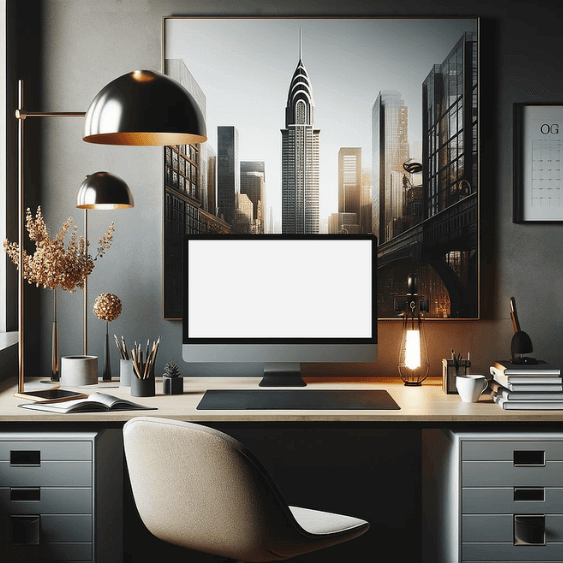 escritorio-lujoso-tecnologia-ciudad.jpg Escritorio moderno con un ordenador y un cuadro de unas torres de ciudad, ideal para tecnología y productividad.