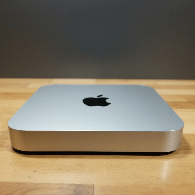 Vista del Mac Mini M4 tumbado, mostrando su diseño minimalista y compacto