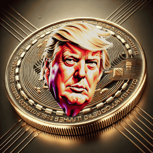Imagen realista de una moneda digital representando la cripto de Donald Trump, destacada por su exclusividad y diseño innovador